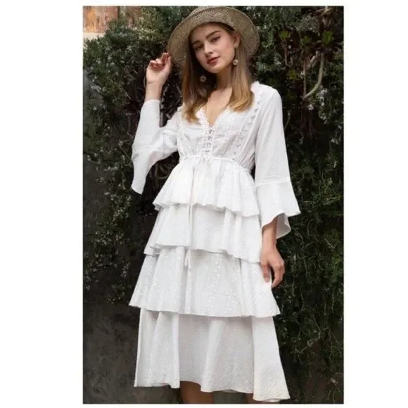 WHITE Woven Dress w/ ruffle layer & flare sleeves - Picture 6 of 9